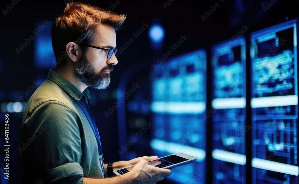 Technician man are inspection in data center at server room, Information technology.