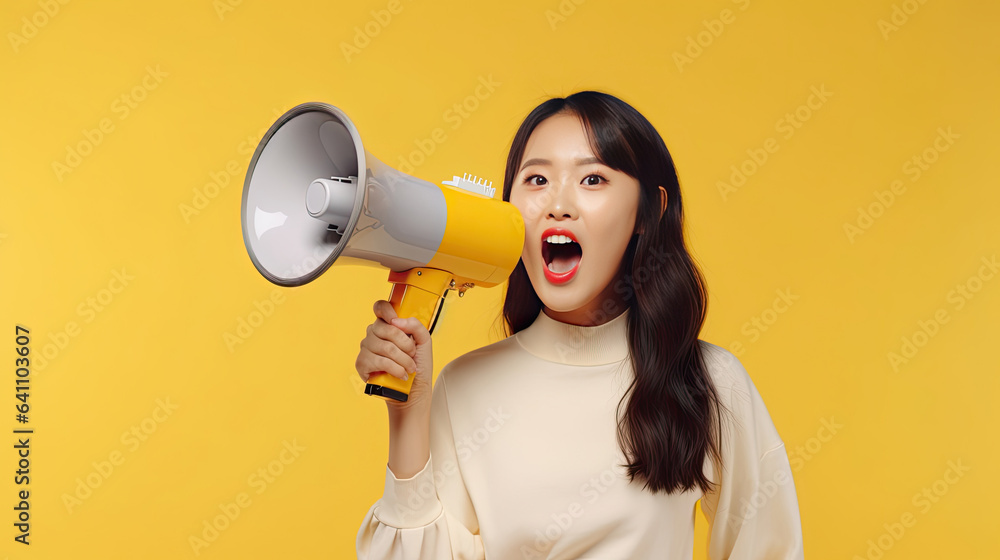 Cheerful of Asian young pretty woman holding megaphone making announcement in isolated yellow backgr