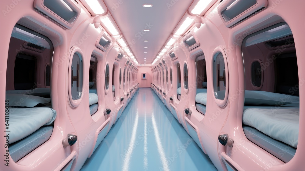 Modern capsule hotel in pink pastel colors.