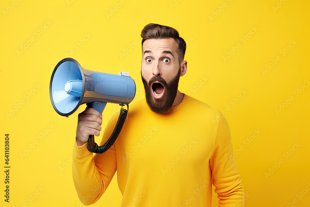 Surprised face of young bearded man wears blue shirt hold scream in megaphone announces discounts sa