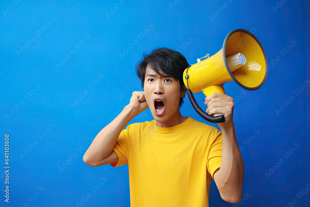 Wow face of Asian young man wears blue shirt hold scream in megaphone announces discounts sale Hurry