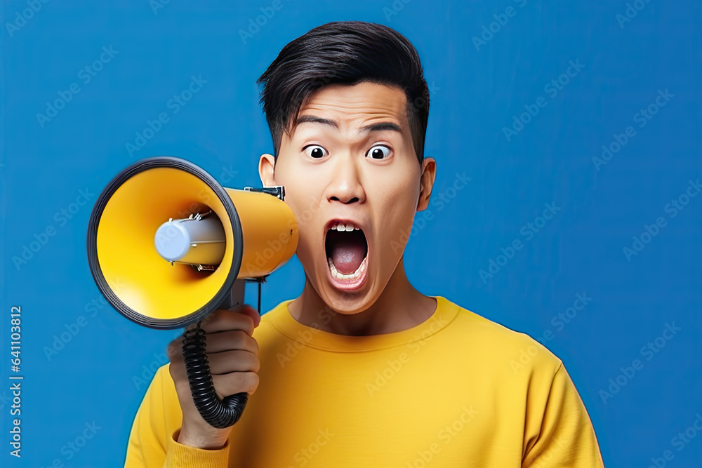 Wow face of Asian young man wears blue shirt hold scream in megaphone announces discounts sale Hurry