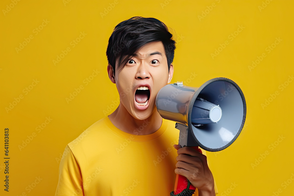 Wow face of Asian young man wears blue shirt hold scream in megaphone announces discounts sale Hurry