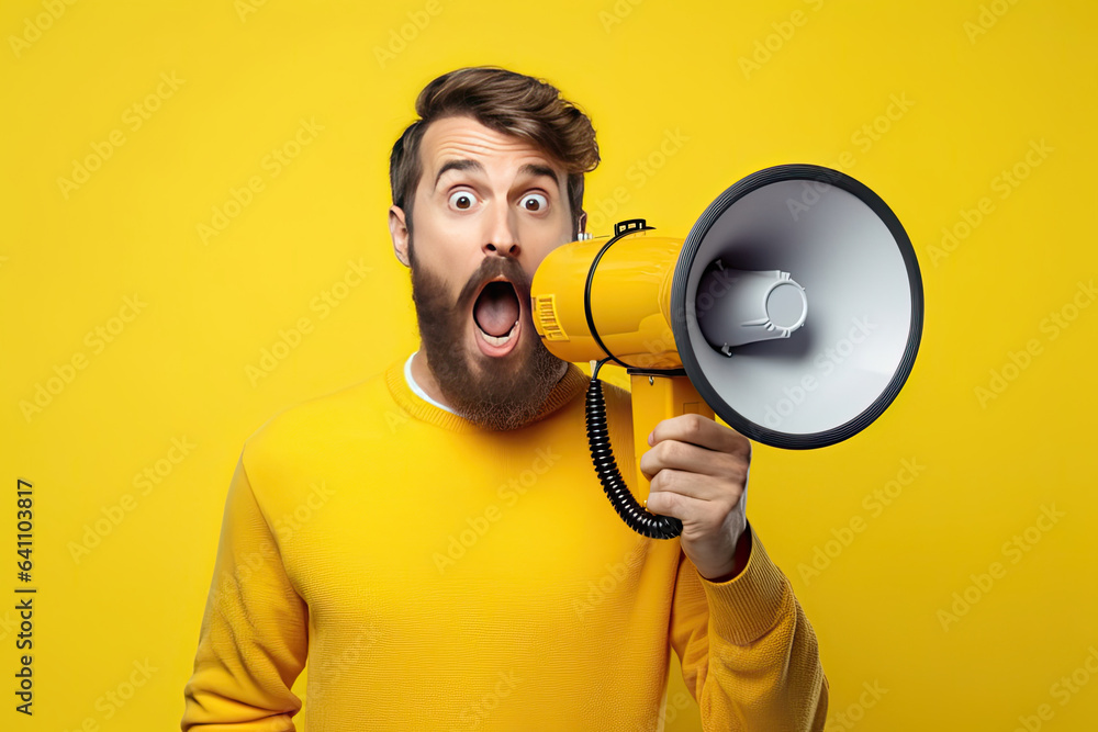 Surprised face of young bearded man wears blue shirt hold scream in megaphone announces discounts sa