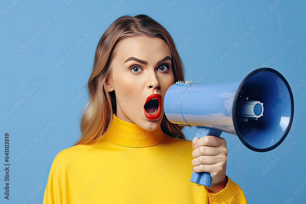 Surprised face of young pretty woman wears blue shirt hold scream in megaphone announces discounts s