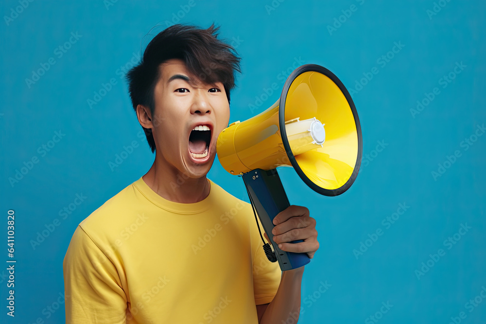 Wow face of Asian young man wears blue shirt hold scream in megaphone announces discounts sale Hurry