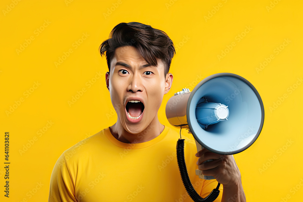 Wow face of Asian young man wears blue shirt hold scream in megaphone announces discounts sale Hurry