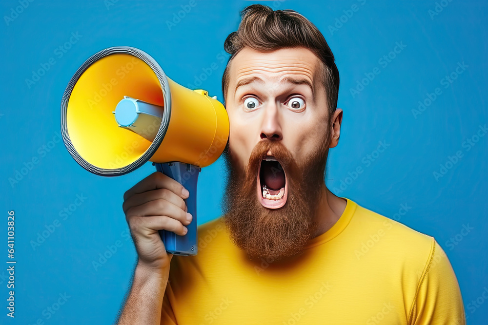 Wow face of young bearded man wears blue shirt hold scream in megaphone announces discounts sale Hur