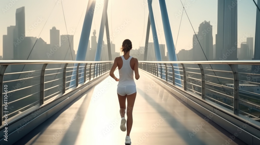 Rear view, Women in sports runs along a large city bridge.