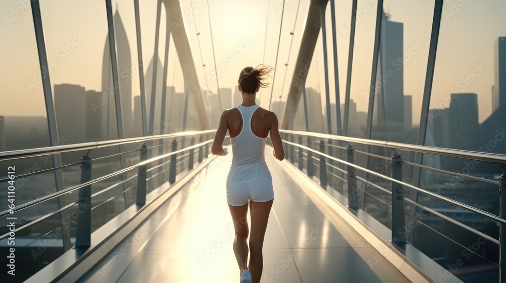 Rear view, Women in sports runs along a large city bridge.