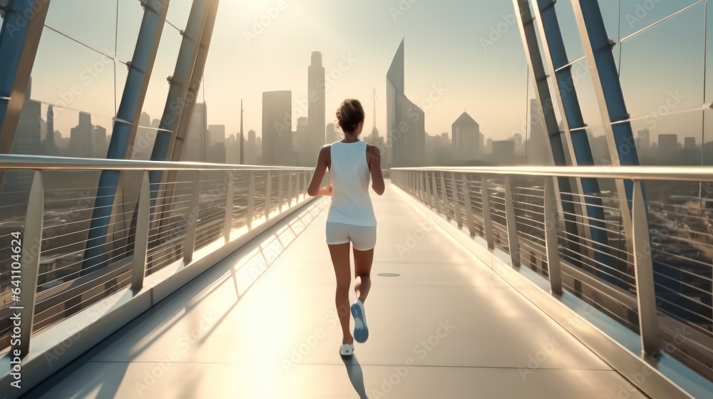 Rear view, Women in sports runs along a large city bridge.