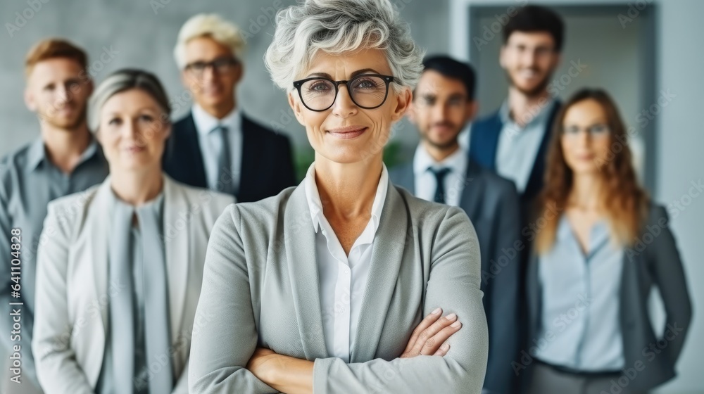 Portrait of Senior elderly business woman meeting with team in conference room, Diversity teamwork g