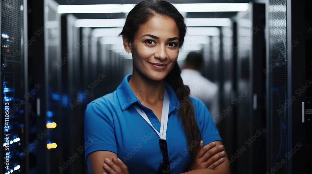 Portrait of woman in server room, IT support, Female technician fixing network for information techn