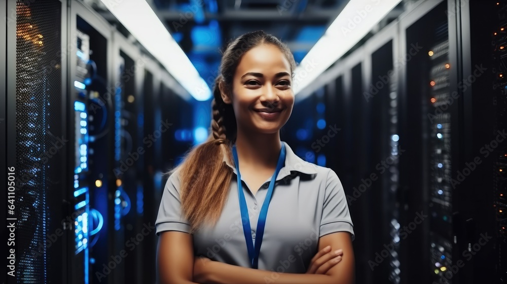 Portrait of woman in server room, IT support, Female technician fixing network for information techn