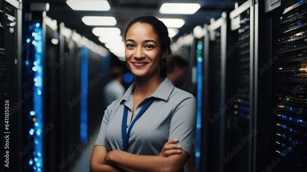 Portrait of woman in server room, IT support, Female technician fixing network for information techn