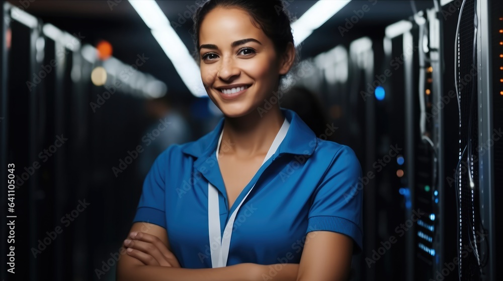 Portrait of woman in server room, IT support, Female technician fixing network for information techn