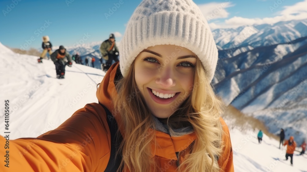 Selfie of female skier in the mountains.