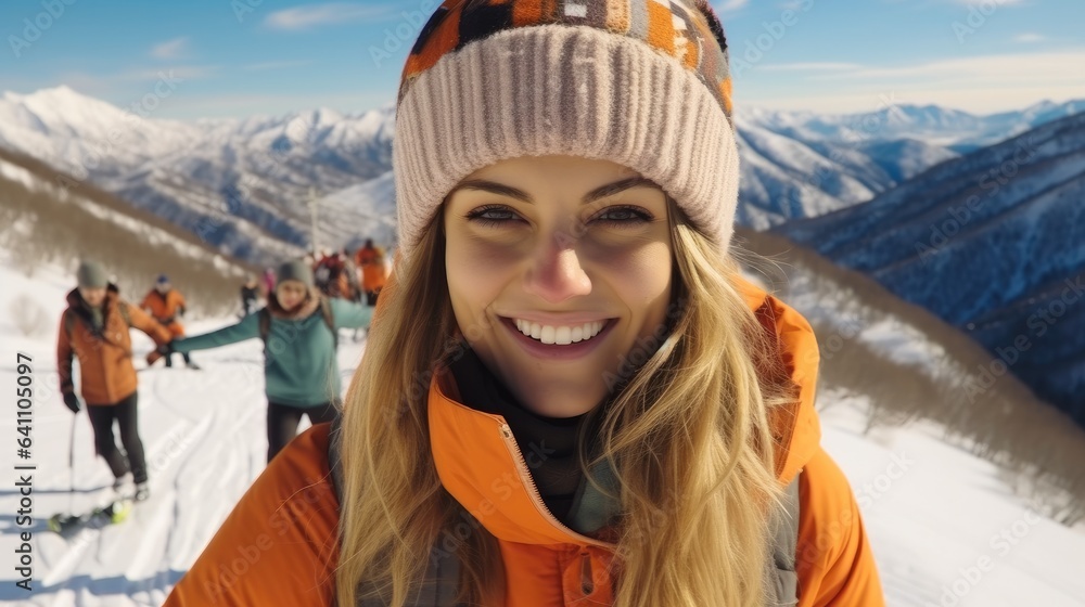 Selfie of female skier in the mountains.