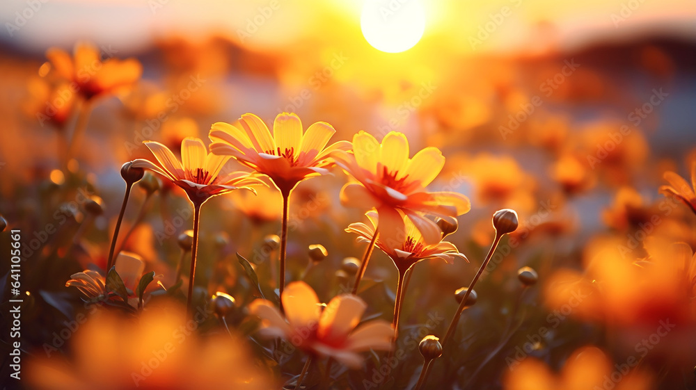 Field full of autumn flowers at sunrise