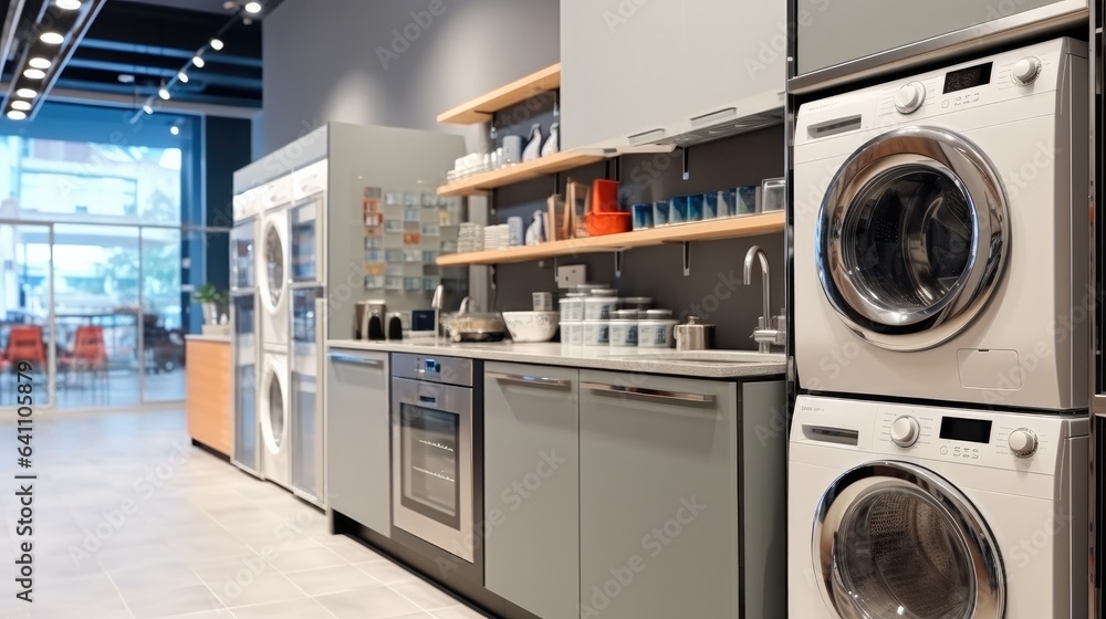 Washing machines and drying machines inside electronics store.