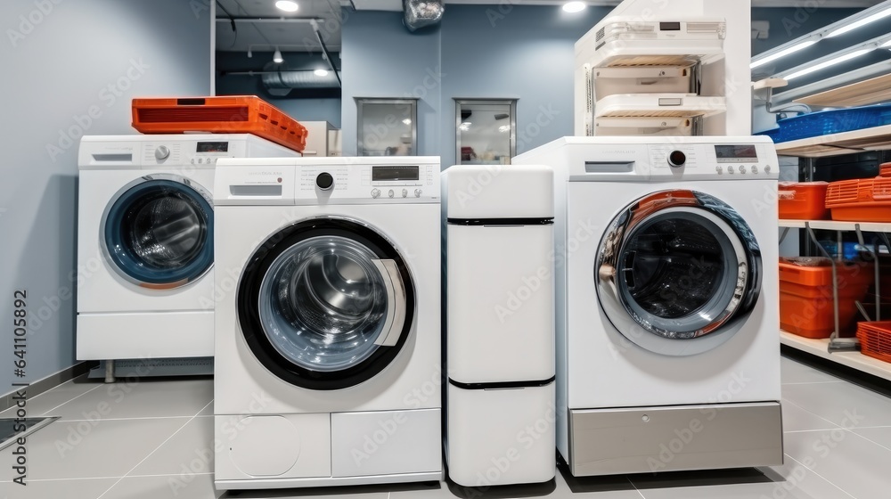 Washing machines and drying machines inside electronics store.