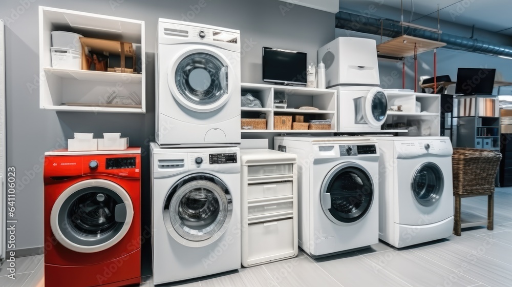 Washing machines and drying machines inside electronics store.