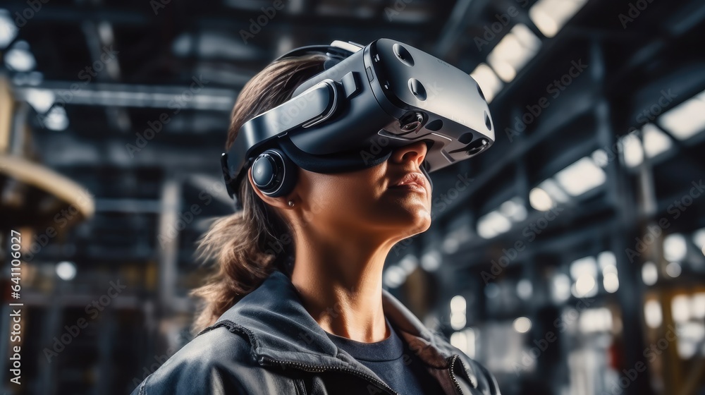 Woman engineer using VR headset in industrial factory for futuristic research, Digital tech and 3d a