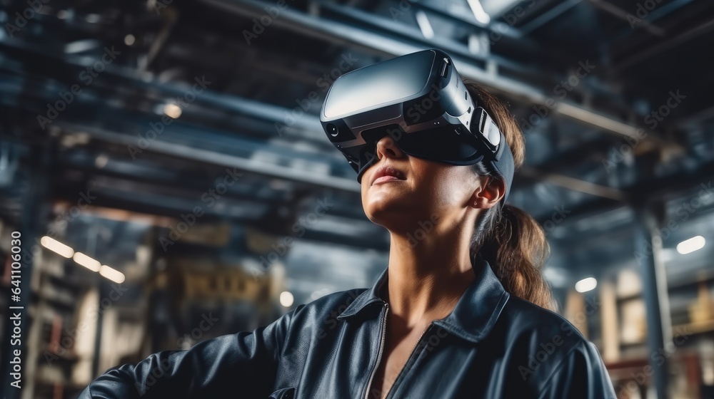 Woman engineer using VR headset in industrial factory for futuristic research, Digital tech and 3d a