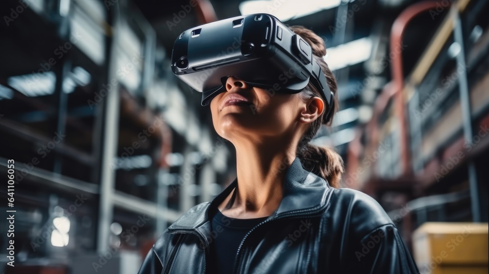 Woman engineer using VR headset in industrial factory for futuristic research, Digital tech and 3d a