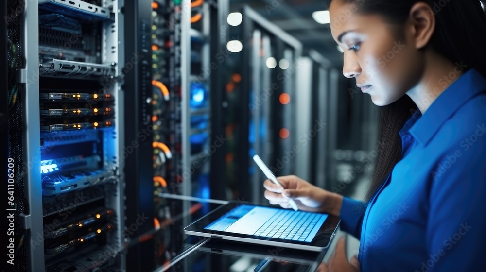 Woman on research for programming in server room, Information technology, inspection in data center 