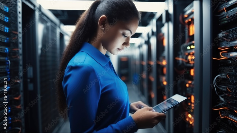 Woman on research for programming in server room, Information technology, inspection in data center 