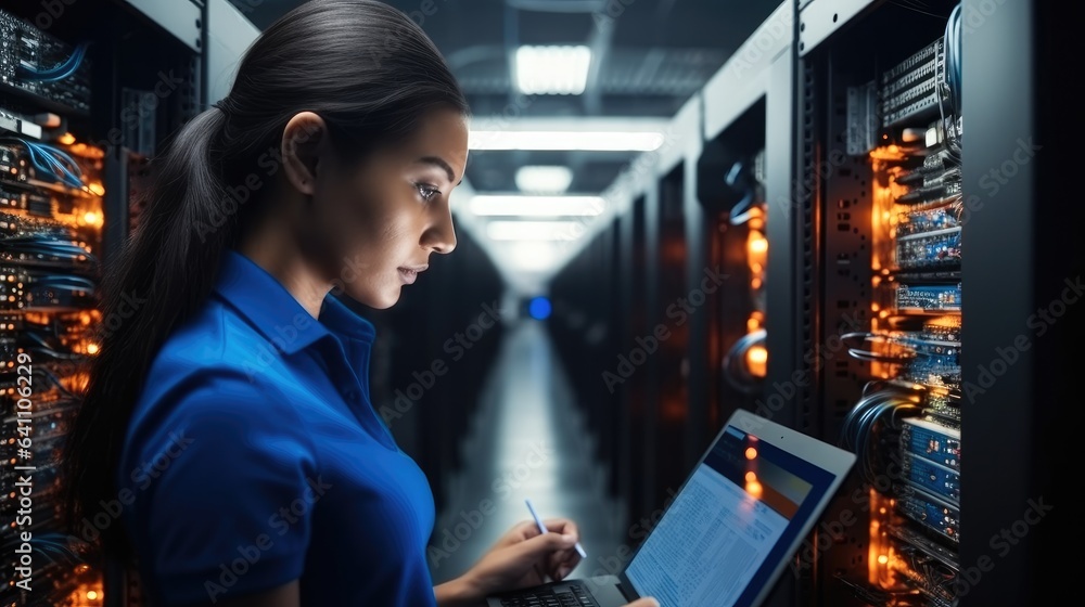 Woman on research for programming in server room, Information technology, inspection in data center 