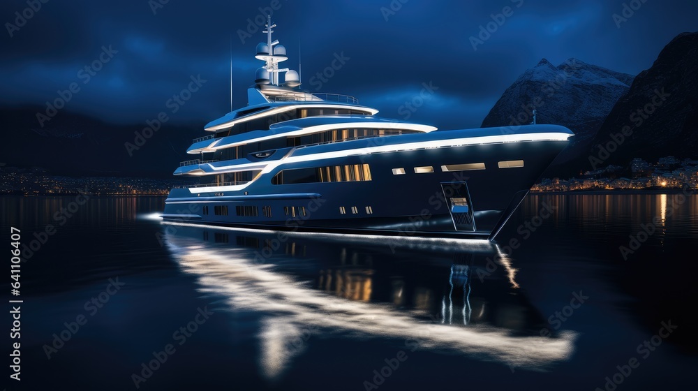 Modern yacht cruising in sea at night, Luxurious super yacht.