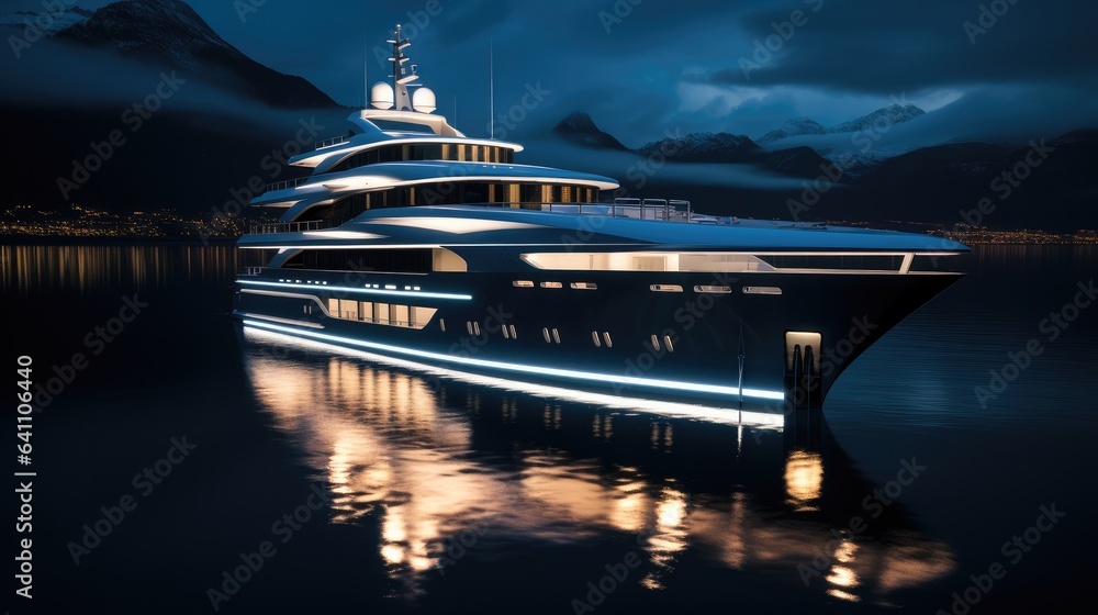 Modern yacht cruising in sea at night, Luxurious super yacht.