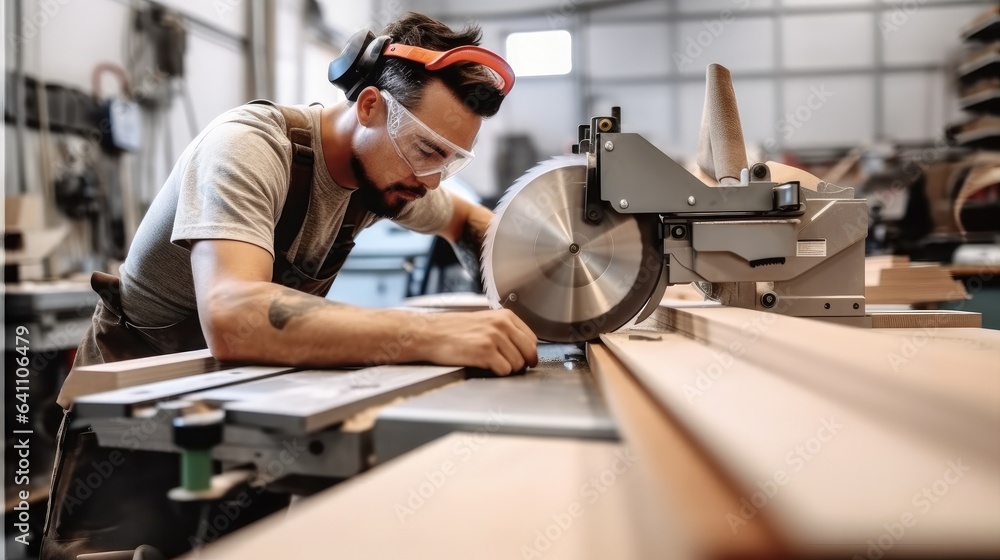 Young carpenter cutting plank on a sawing machine.