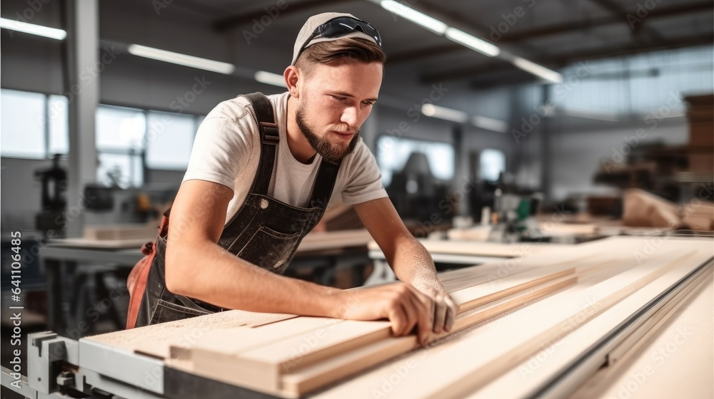 Male carpenter doing woodwork in carpentry factory.