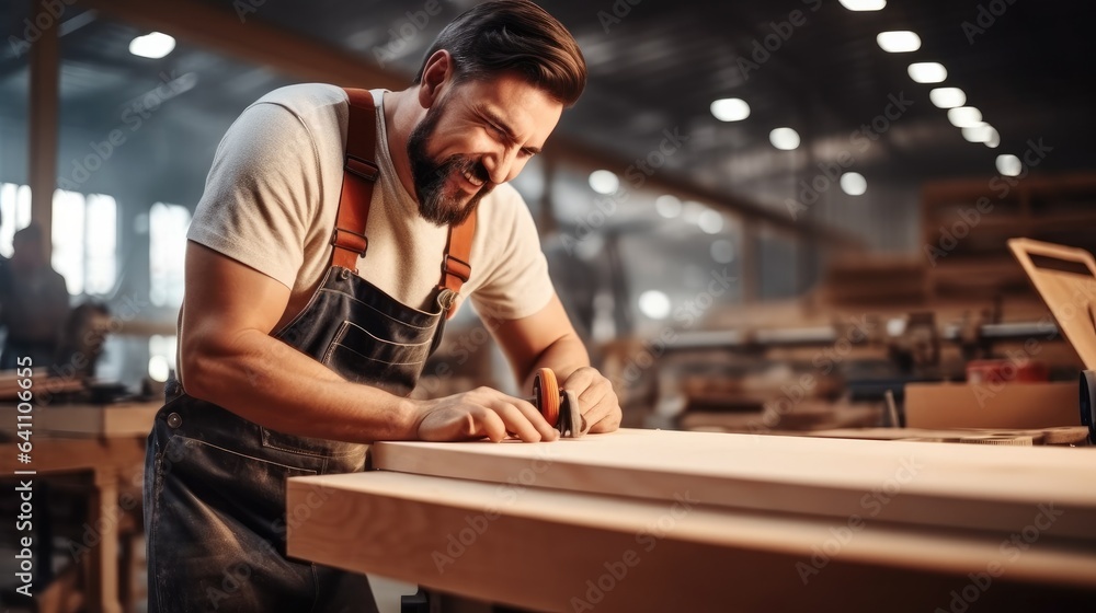 Carpenter using air pump to blow sawdust from a plank in carpentry factory.