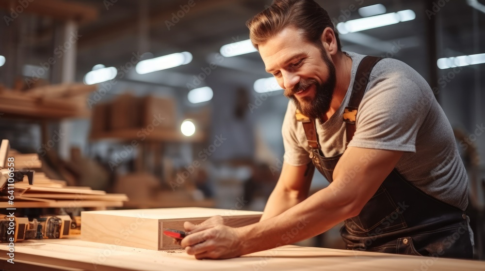 Carpenter using air pump to blow sawdust from a plank in carpentry factory.