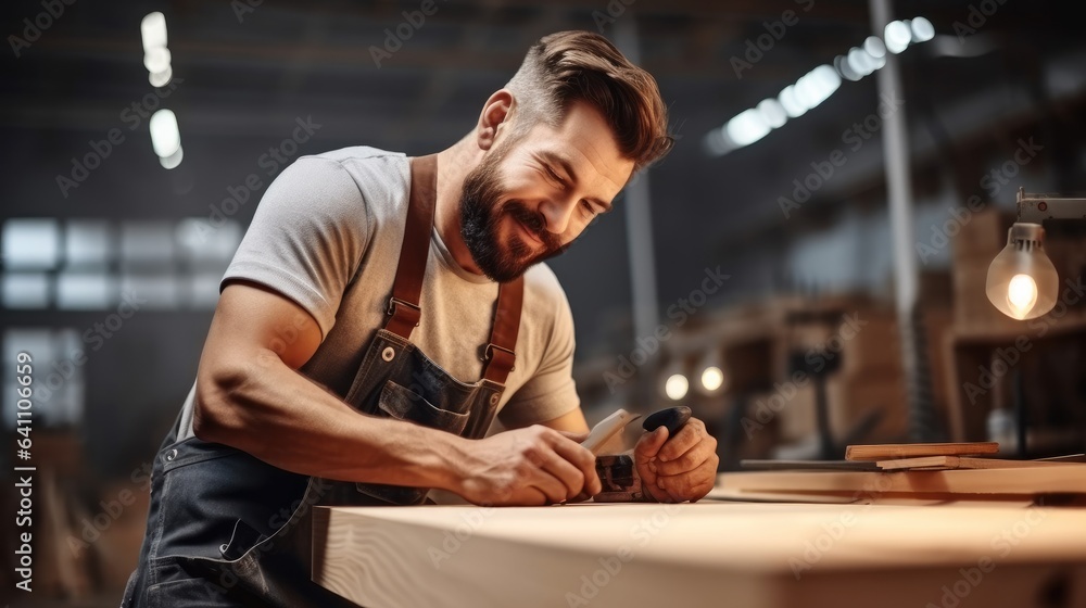 Male manual worker using plane while working on a wood in carpentry factory.