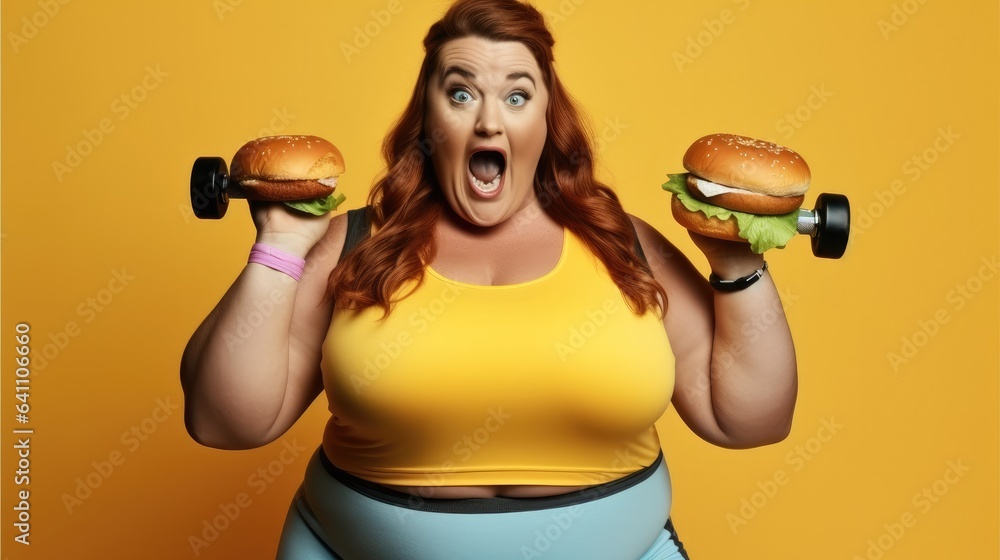 Big fat fit woman hold burger in hand with dumbbells isolated on yellow background, Workout sport co