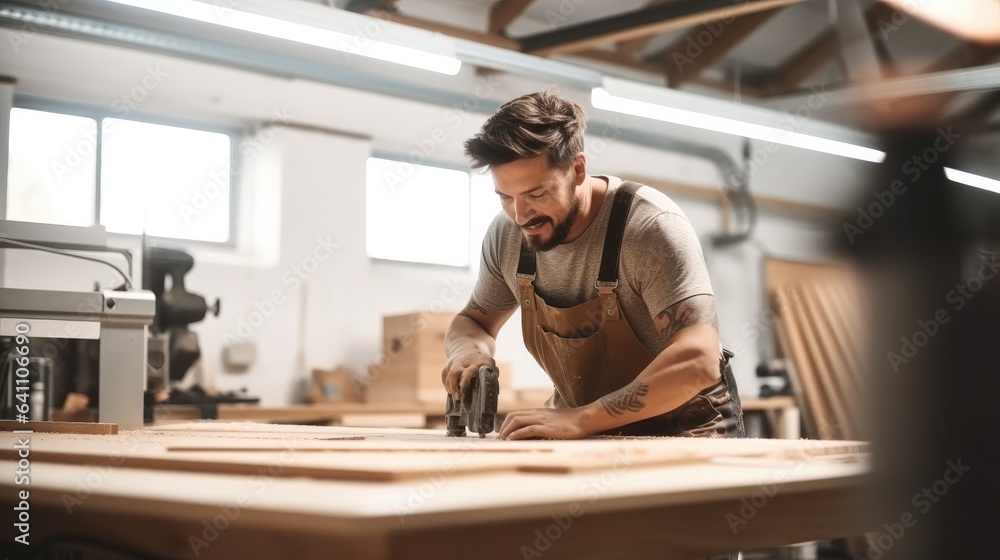 Male carpenter doing woodwork in carpentry factory.