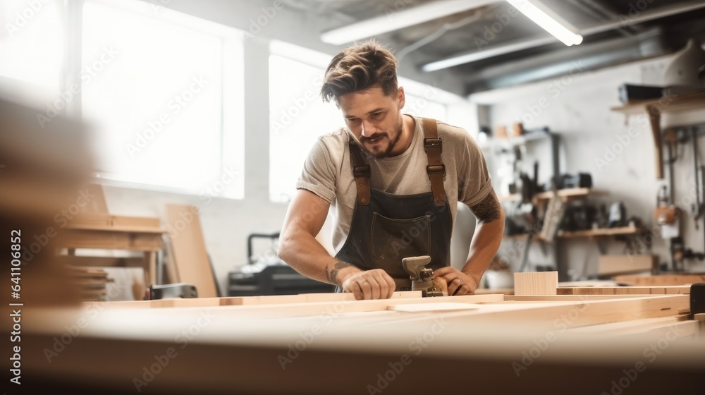 Male carpenter using sander on a piece of wood in a carpentry workshop.