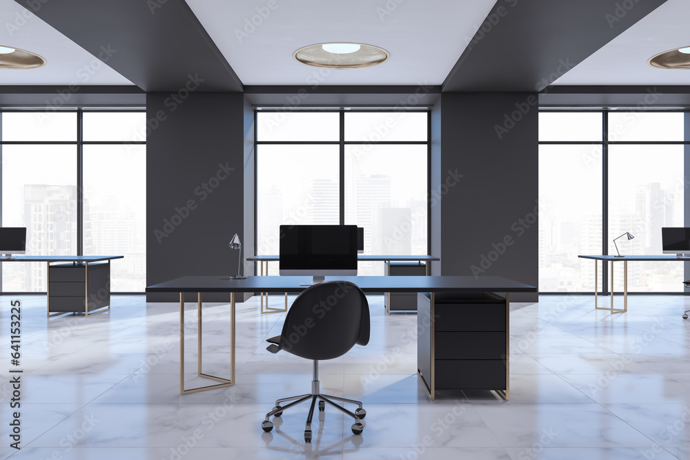 Clean designer office interior with furniture and equipment. 3D Rendering.