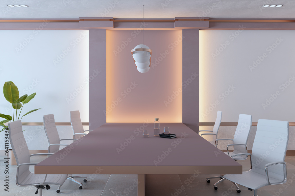 Contemporary stylish meeting room interior with furniture and equipment, concrete flooring and dayli