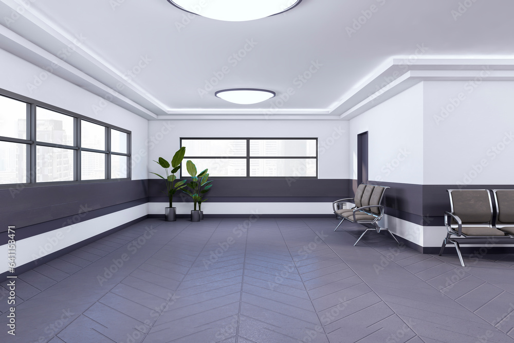 Waiting area in clean interior with concrete flooring, seats and plants. 3D Rendering.