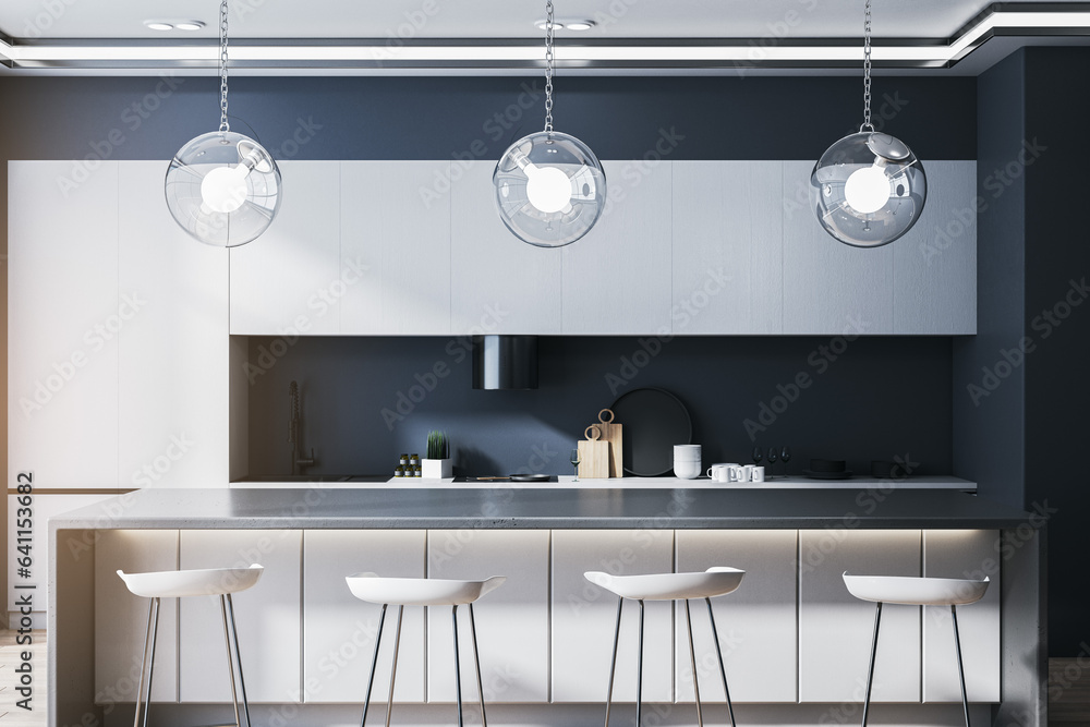 Luxury kitchen interior with equipment and daylight. 3D Rendering.