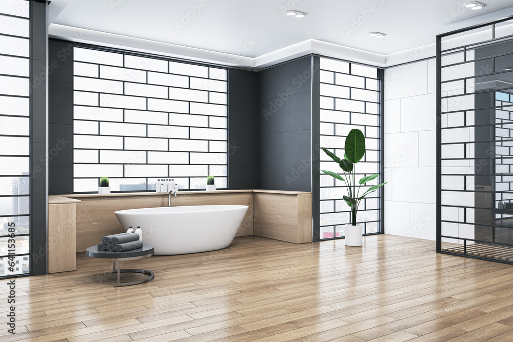 Clean bathroom interior with bathtub, abstract windows and reflections on wooden flooring. 3D Render