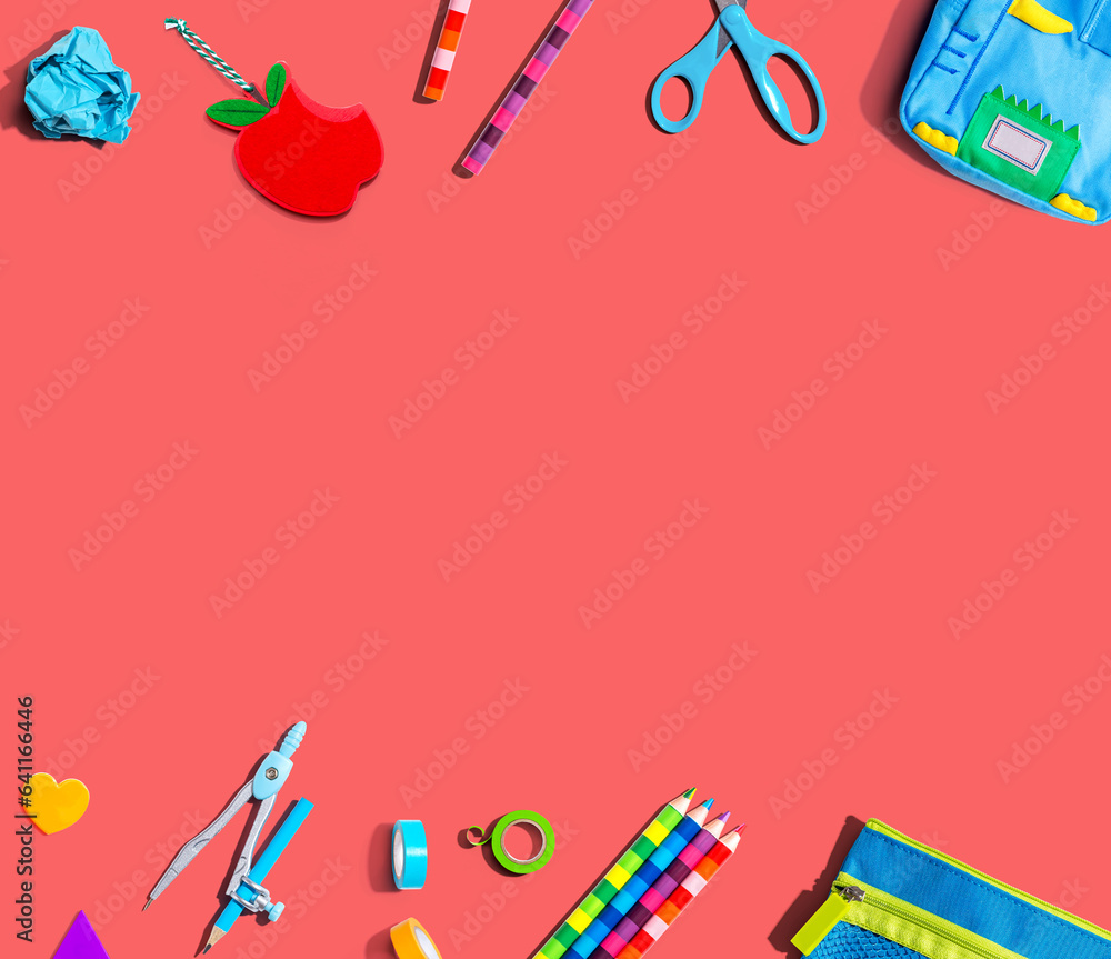 Collection of school supplies overhead view - flat lay