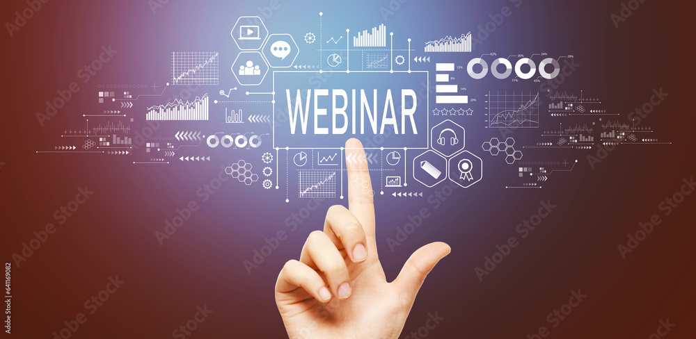 Webinar theme with hand pressing a button on a technology screen