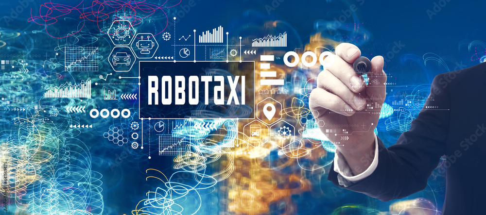 Robotaxi theme with businessman in a bokeh neon light trails city night background